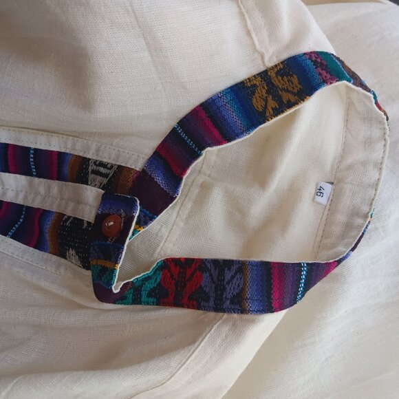 2XL Mens Guatemalan Long-Sleeve White Cotton Shirt Multicolor Striped Accent - Picture 6 of 9